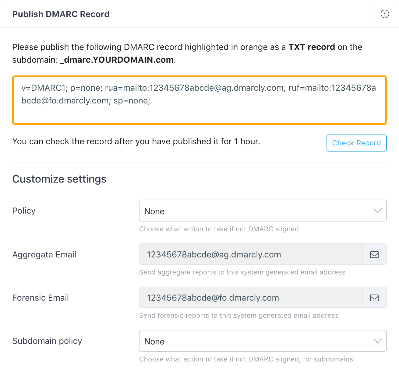 DMARC record generated in DMARCLY's dashboard